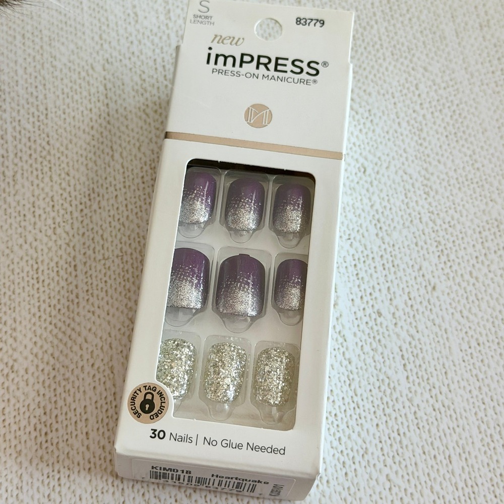 3 Sets KISS imPRESS Press-On Manicure Nails Kits Purple Silver Glitter New NIP - Picture 2 of 6